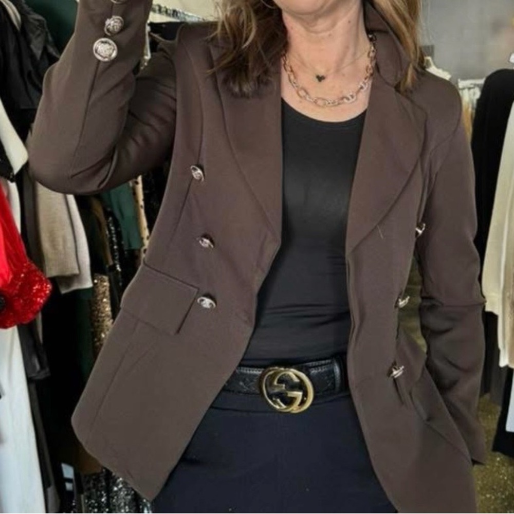 Elegant Brown Women's Blazer with Silver Buttons